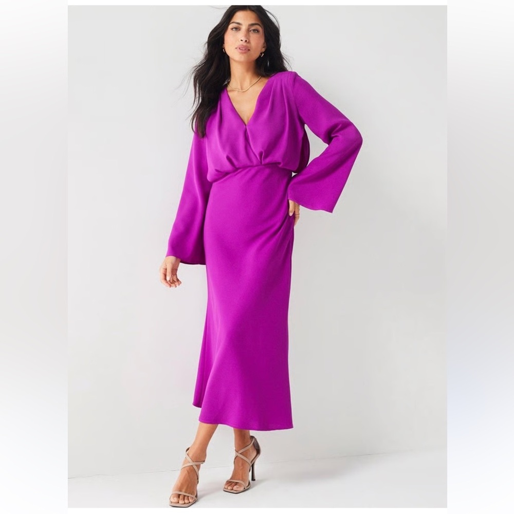 Elegant V-Neck Long Sleeve Midi Dress - Fuchsia
